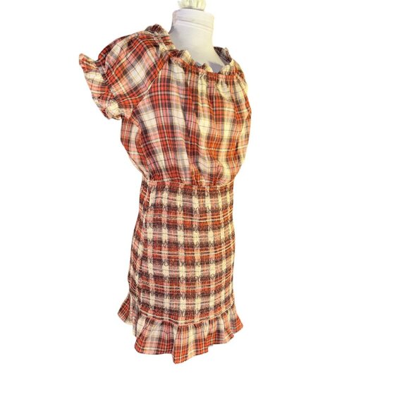 Red Plaid Smocked Mini Dress Ruffle Hem & Short Sleeves By Perfectly Priscilla - Picture 4 of 9